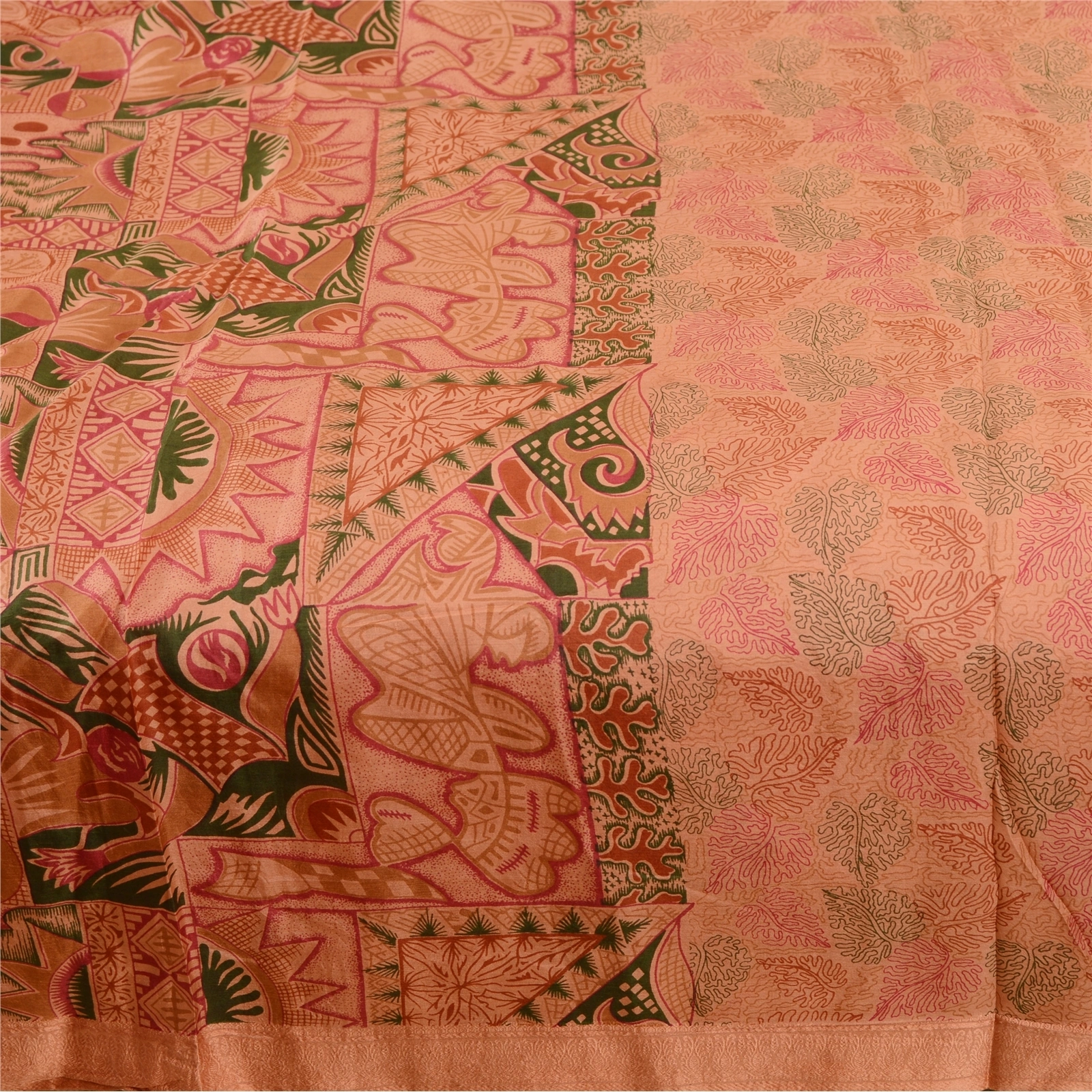 Sanskriti Vintage Sarees Peach 100% Pure Silk Printed Sari Floral Craft Fabric, PR-61930-Peach-Pure Silk-3