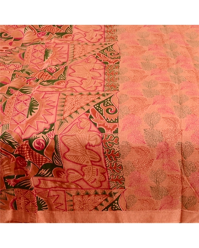 Sanskriti Vintage Sarees Peach 100% Pure Silk Printed Sari Floral Craft Fabric, PR-61930-Peach-Pure Silk-3