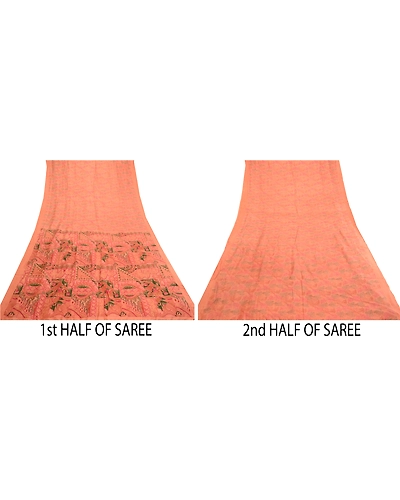 Sanskriti Vintage Sarees Peach 100% Pure Silk Printed Sari Floral Craft Fabric, PR-61930-Peach-Pure Silk-4