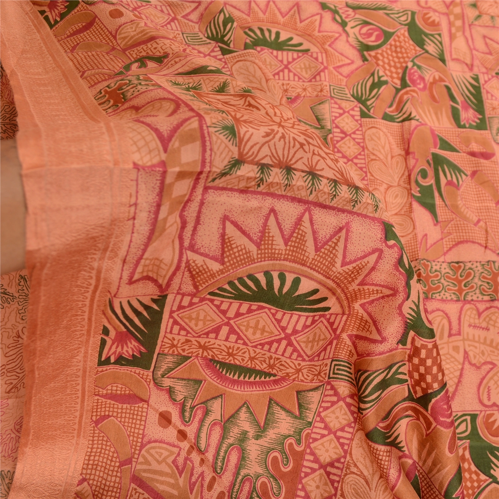 Sanskriti Vintage Sarees Peach 100% Pure Silk Printed Sari Floral Craft Fabric, PR-61930-Peach-Pure Silk-5