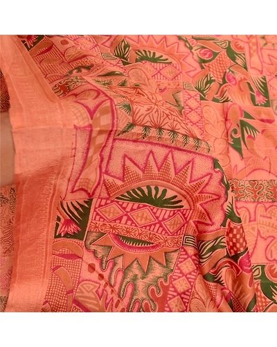 Sanskriti Vintage Sarees Peach 100% Pure Silk Printed Sari Floral Craft Fabric, PR-61930-Peach-Pure Silk-5