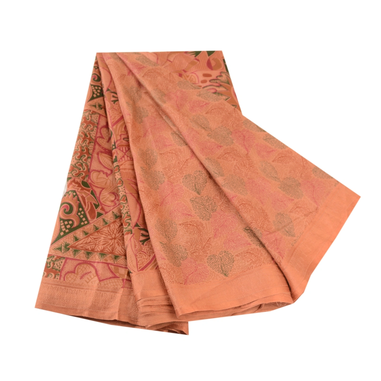 Sanskriti Vintage Sarees Peach 100% Pure Silk Printed Sari Floral Craft Fabric, PR-61930-Peach-Pure Silk-6