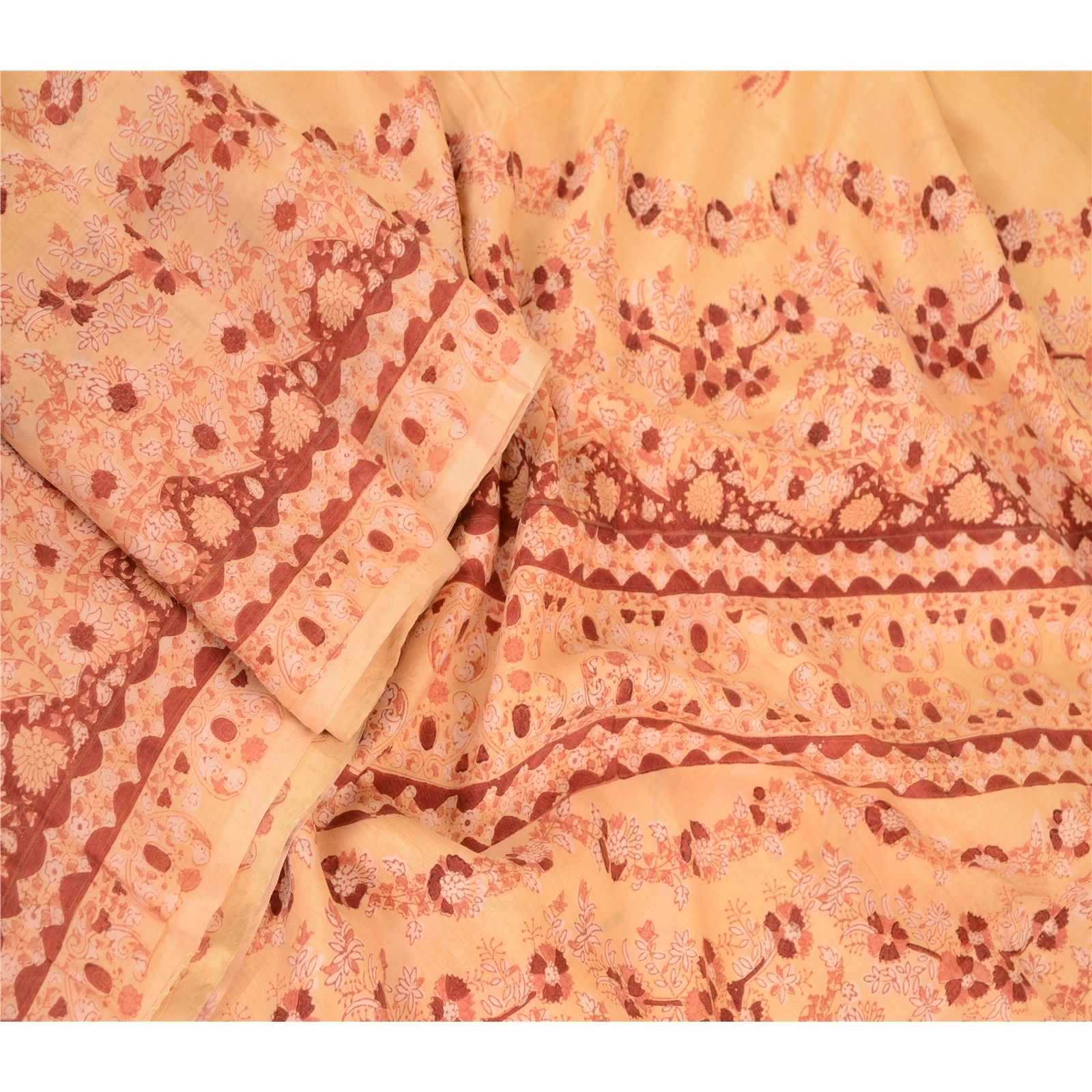 Sanskriti Vintage Sarees Beige 100% Pure Silk Printed Sari 5Yd Soft Craft Fabric, PR-61938-Beige-Pure Silk-2