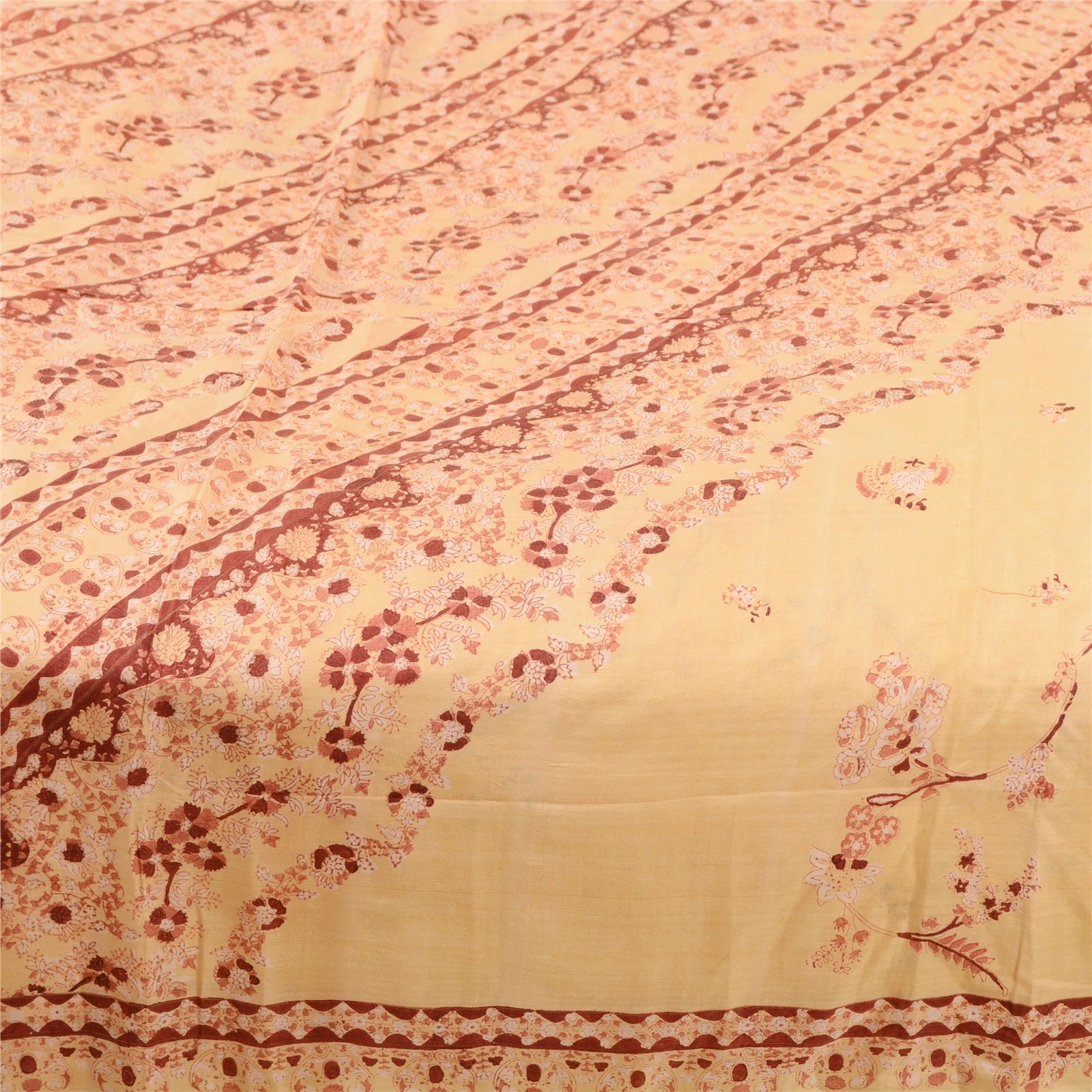 Sanskriti Vintage Sarees Beige 100% Pure Silk Printed Sari 5Yd Soft Craft Fabric, PR-61938-Beige-Pure Silk-4