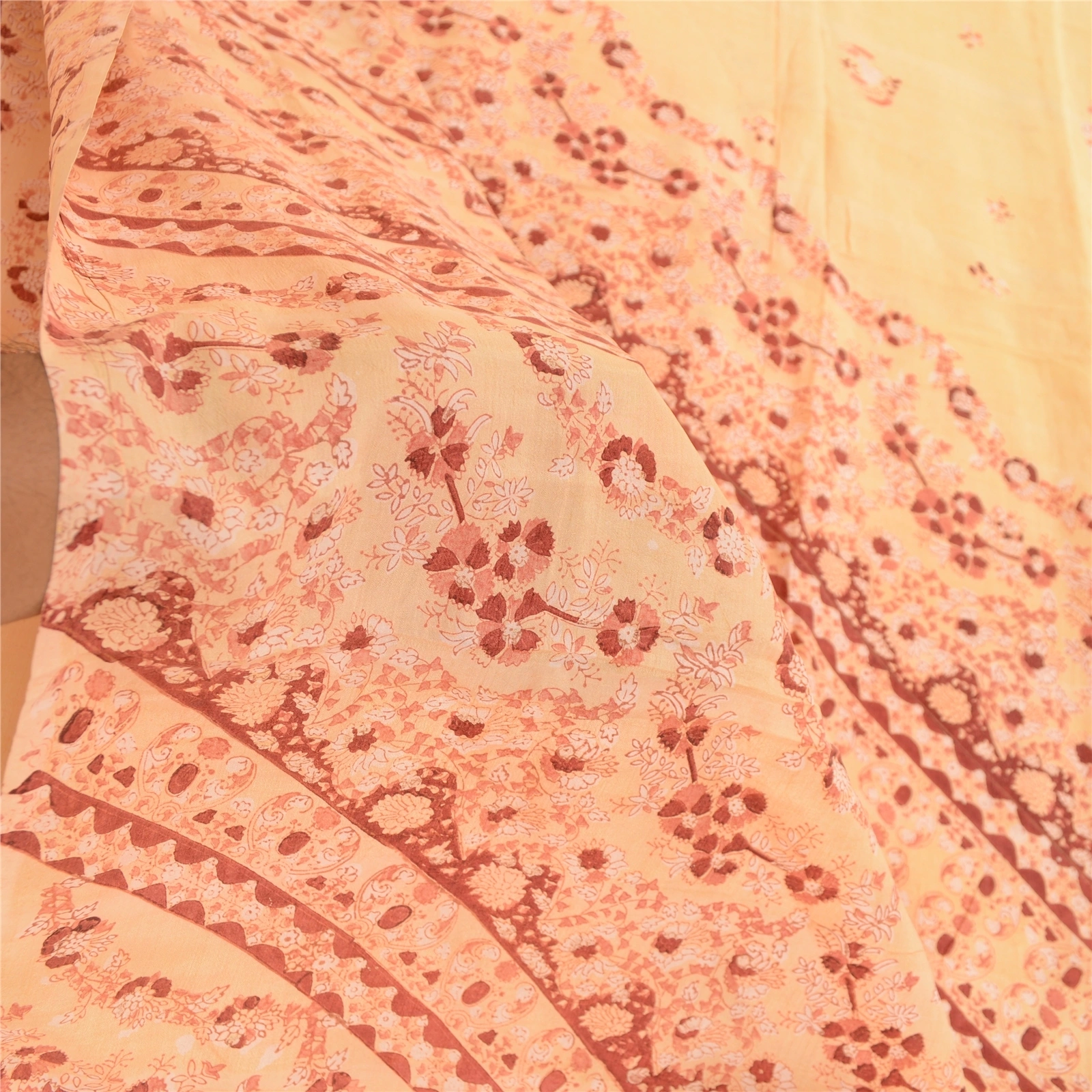 Sanskriti Vintage Sarees Beige 100% Pure Silk Printed Sari 5Yd Soft Craft Fabric, PR-61938-Beige-Pure Silk-6