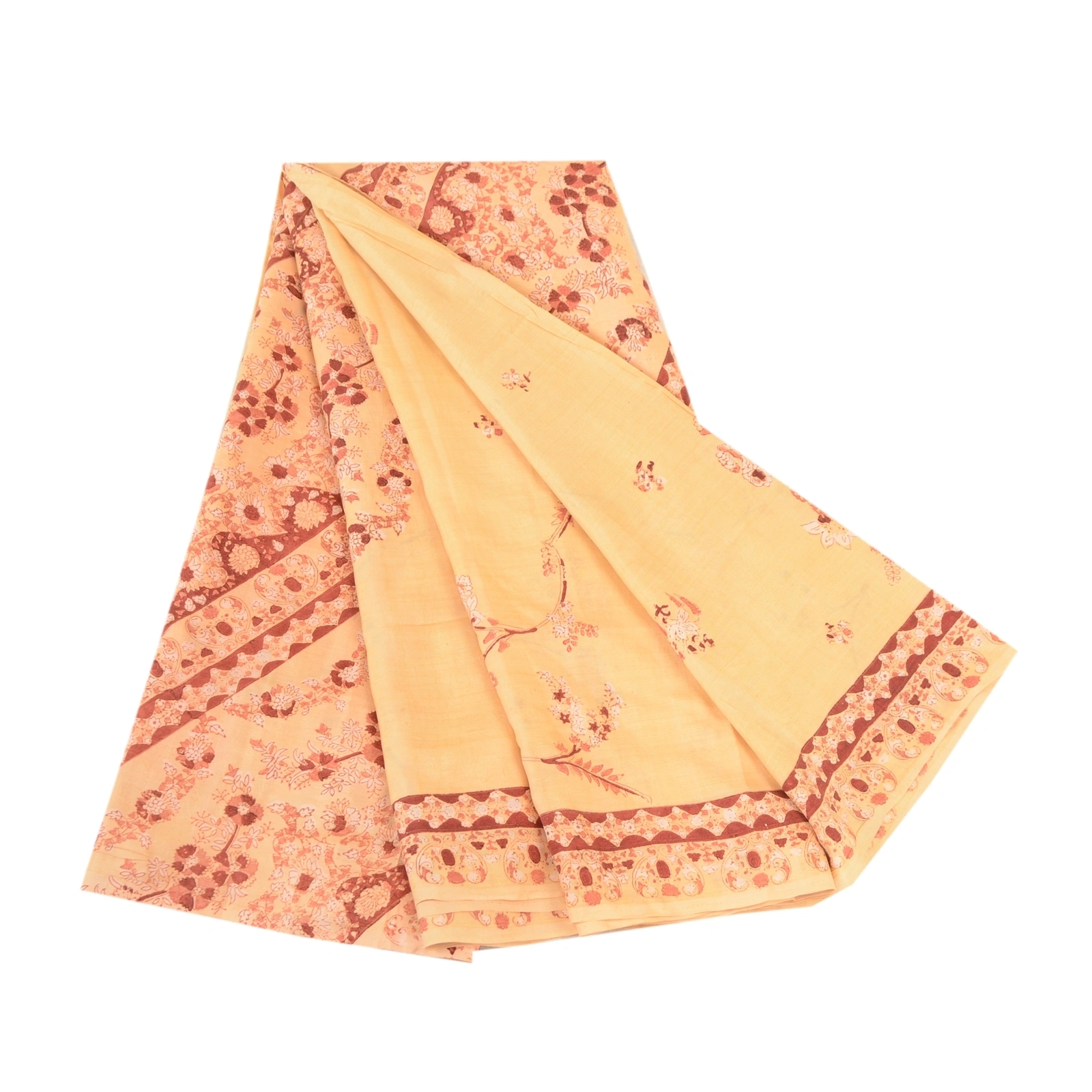 Sanskriti Vintage Sarees Beige 100% Pure Silk Printed Sari 5Yd Soft Craft Fabric, PR-61938-Beige-Pure Silk-7