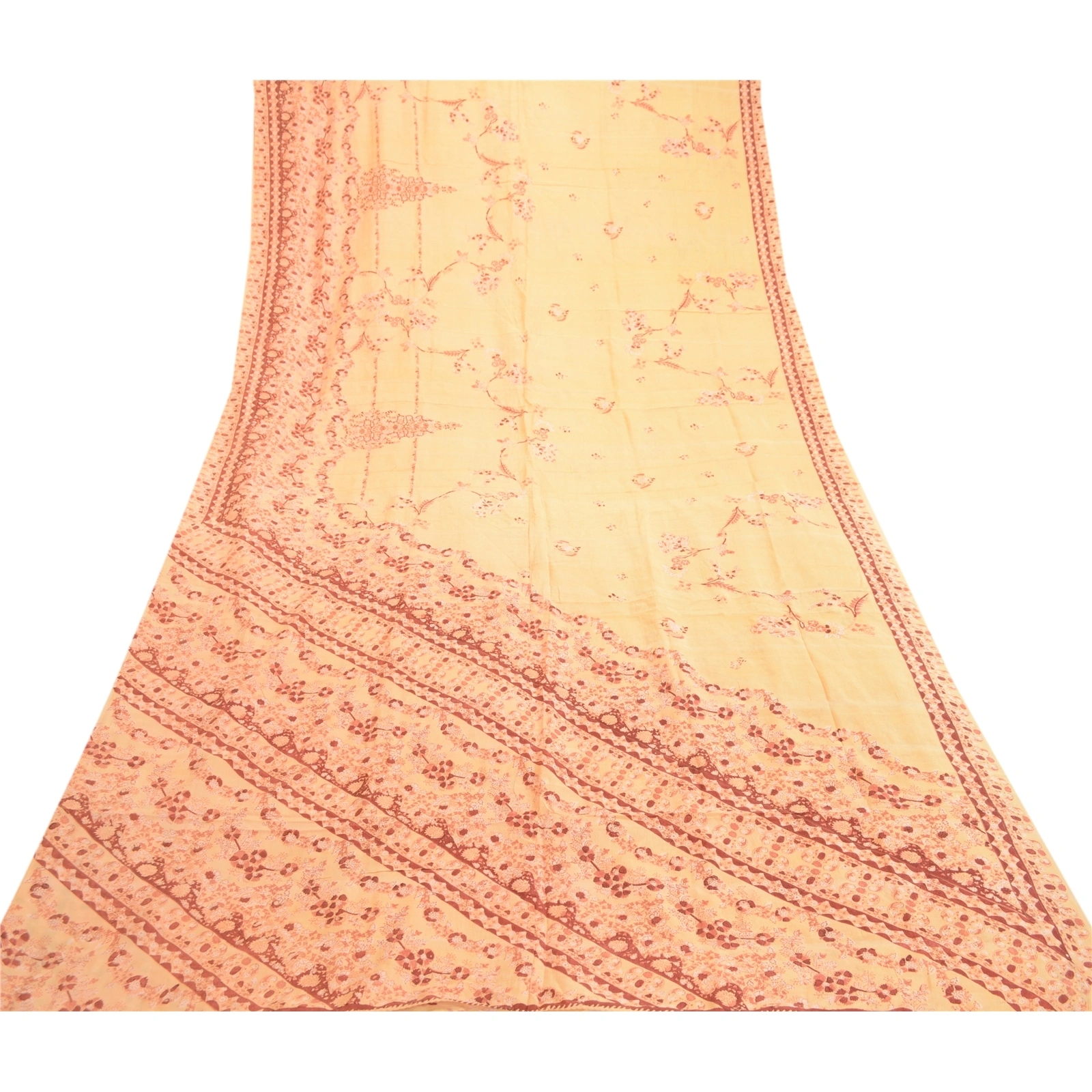 Sanskriti Vintage Sarees Beige 100% Pure Silk Printed Sari 5Yd Soft Craft Fabric, PR-61938-Beige-Pure Silk-8