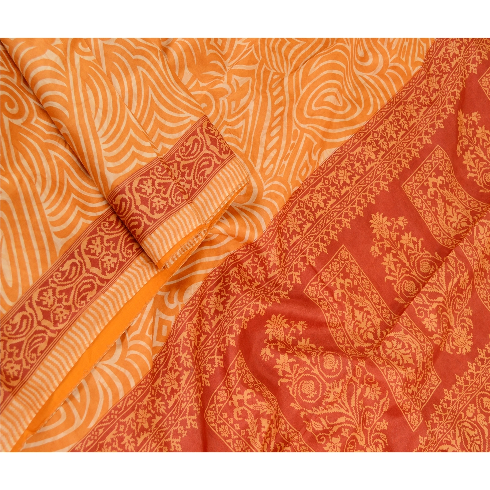 Sanskriti Vintage Sarees Orange-Red Pure Silk Printed Sari Soft Craft Fabric, PR-61949-Orange &amp; Red-Pure Silk-1