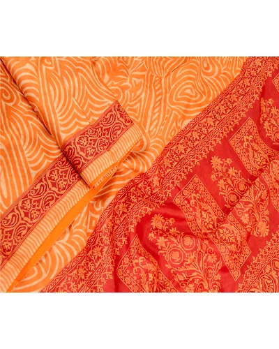 Sanskriti Vintage Sarees Orange-Red Pure Silk Printed Sari Soft Craft Fabric, PR-61949-Orange &amp; Red-Pure Silk-1