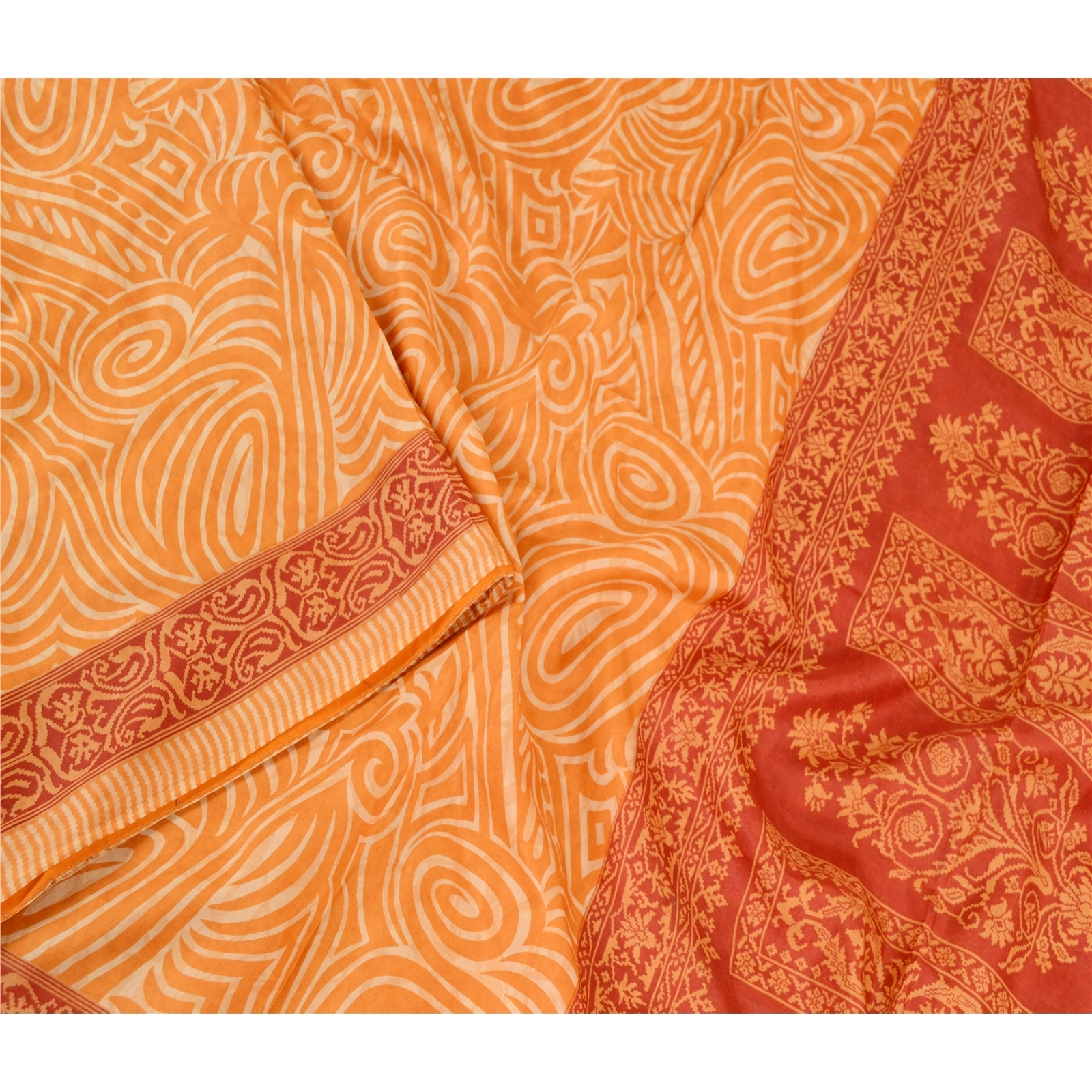 Sanskriti Vintage Sarees Orange-Red Pure Silk Printed Sari Soft Craft Fabric, PR-61949-Orange &amp; Red-Pure Silk-2