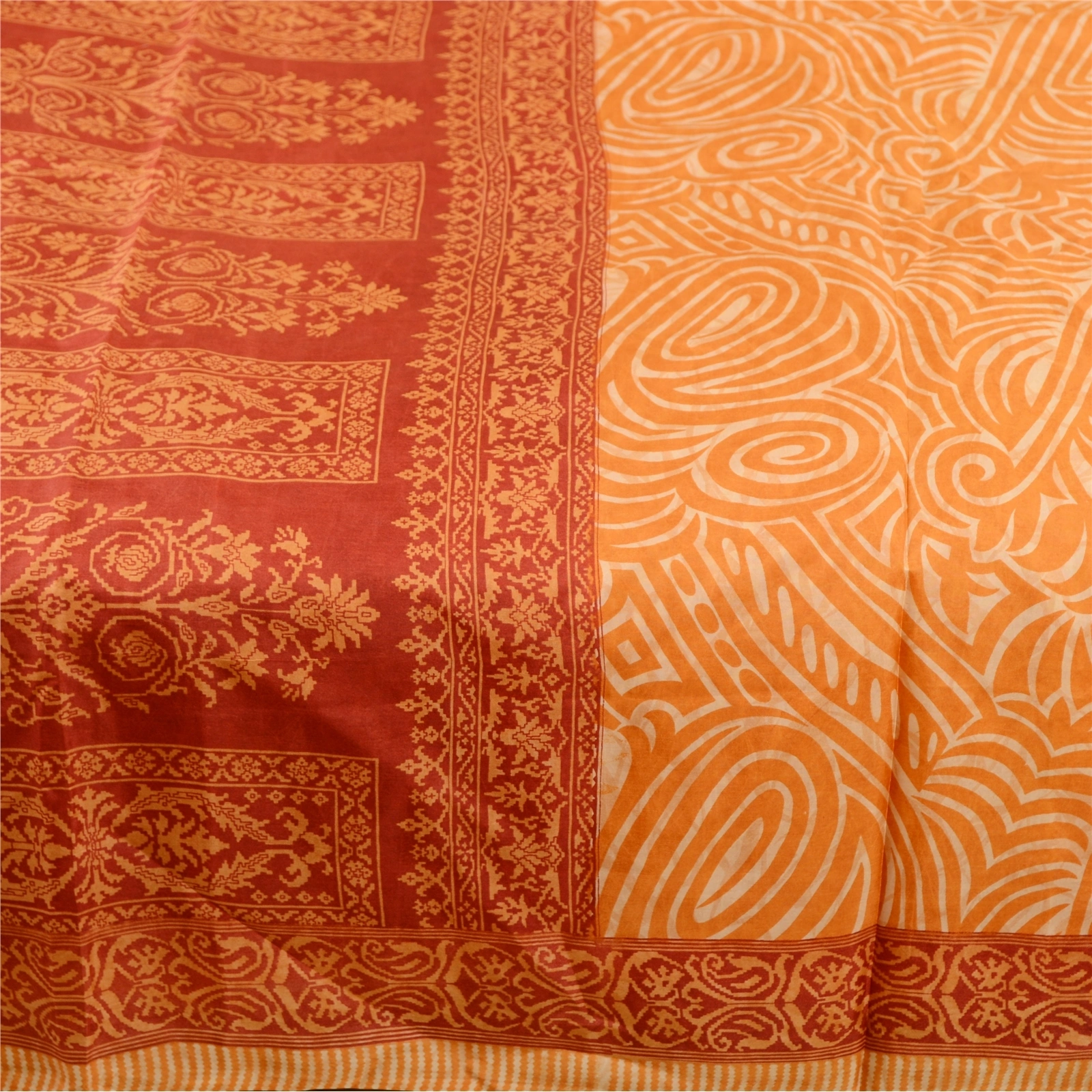 Sanskriti Vintage Sarees Orange-Red Pure Silk Printed Sari Soft Craft Fabric, PR-61949-Orange &amp; Red-Pure Silk-3