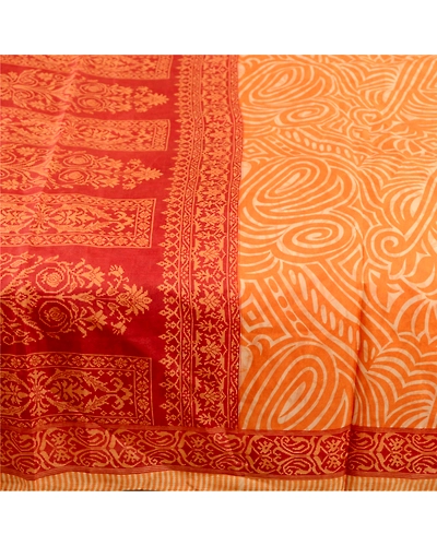 Sanskriti Vintage Sarees Orange-Red Pure Silk Printed Sari Soft Craft Fabric, PR-61949-Orange &amp; Red-Pure Silk-3