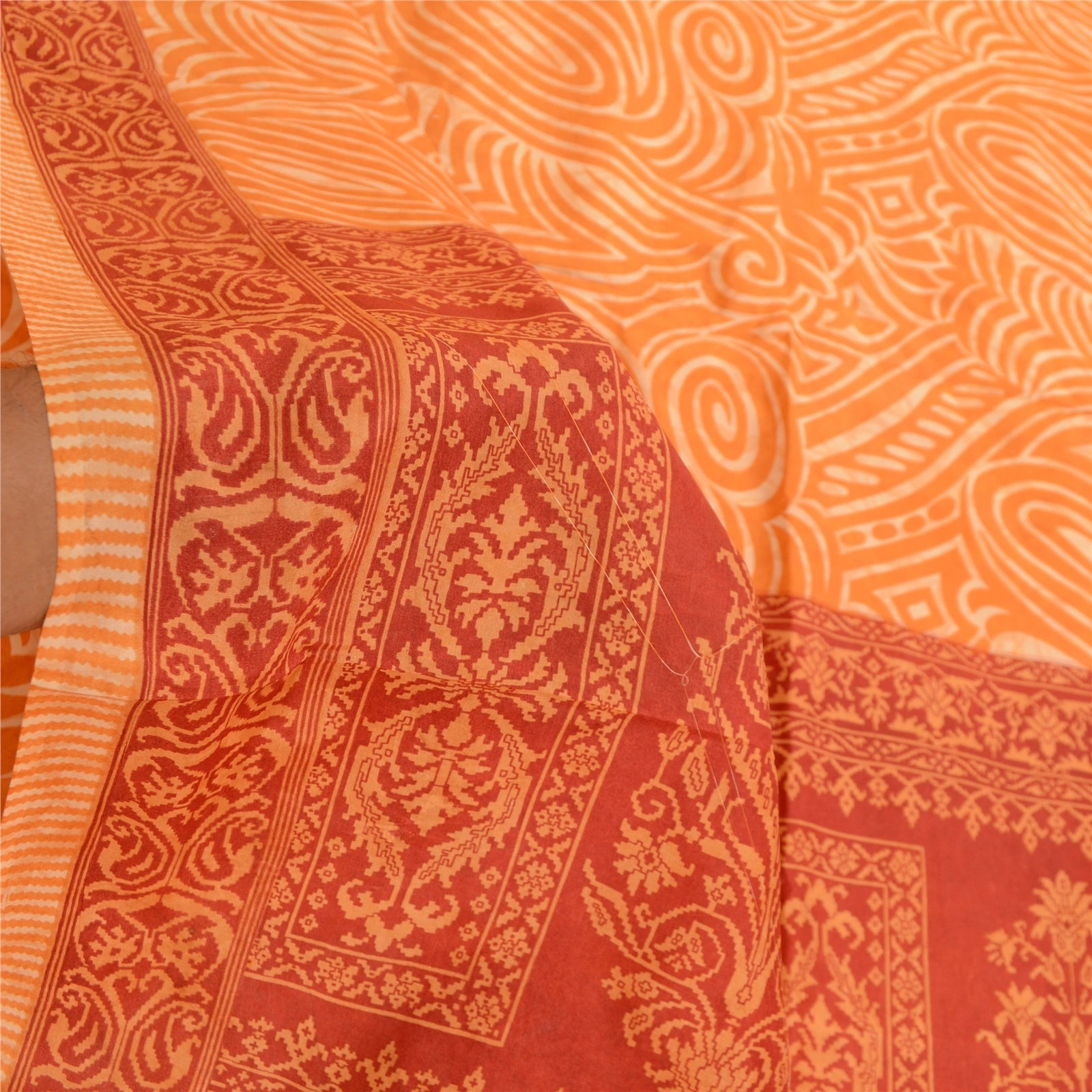 Sanskriti Vintage Sarees Orange-Red Pure Silk Printed Sari Soft Craft Fabric, PR-61949-Orange &amp; Red-Pure Silk-5