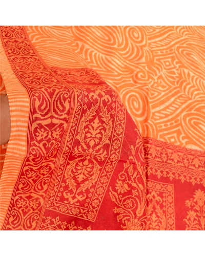 Sanskriti Vintage Sarees Orange-Red Pure Silk Printed Sari Soft Craft Fabric, PR-61949-Orange &amp; Red-Pure Silk-5