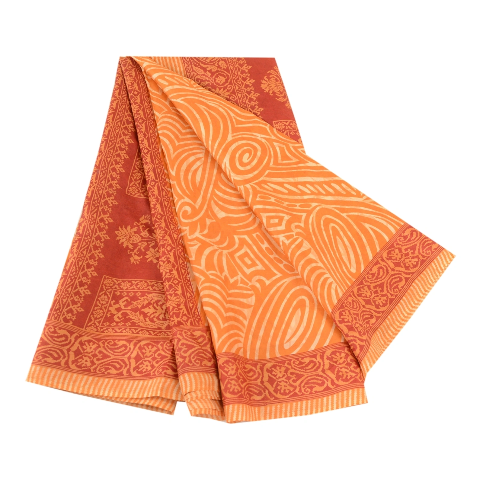 Sanskriti Vintage Sarees Orange-Red Pure Silk Printed Sari Soft Craft Fabric, PR-61949-Orange &amp; Red-Pure Silk-6