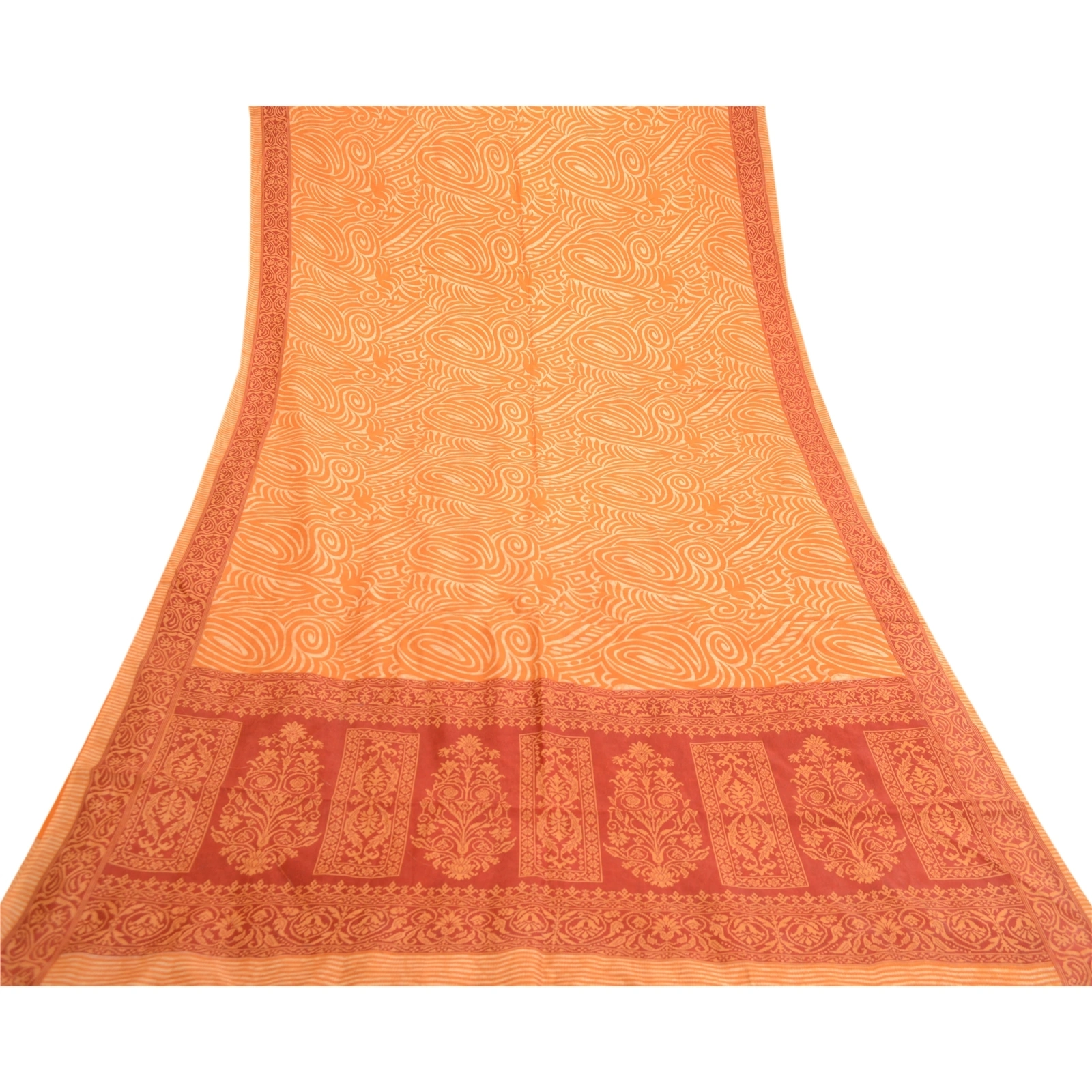 Sanskriti Vintage Sarees Orange-Red Pure Silk Printed Sari Soft Craft Fabric, PR-61949-Orange &amp; Red-Pure Silk-7