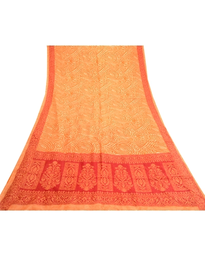 Sanskriti Vintage Sarees Orange-Red Pure Silk Printed Sari Soft Craft Fabric, PR-61949-Orange &amp; Red-Pure Silk-7
