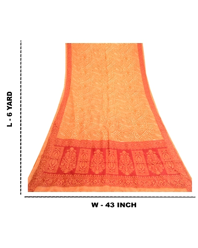Sanskriti Vintage Sarees Orange-Red Pure Silk Printed Sari Soft Craft Fabric, PR-61949-Orange &amp; Red-Pure Silk-8