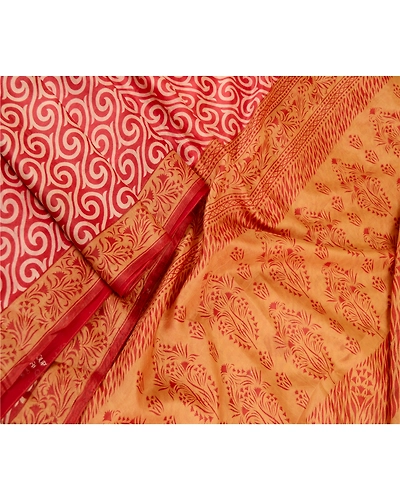 Sanskriti Vintage Sarees Red 100% Pure Silk Printed Sari Soft 5Yd Craft Fabric, PR-61950-Red-Pure Silk-1
