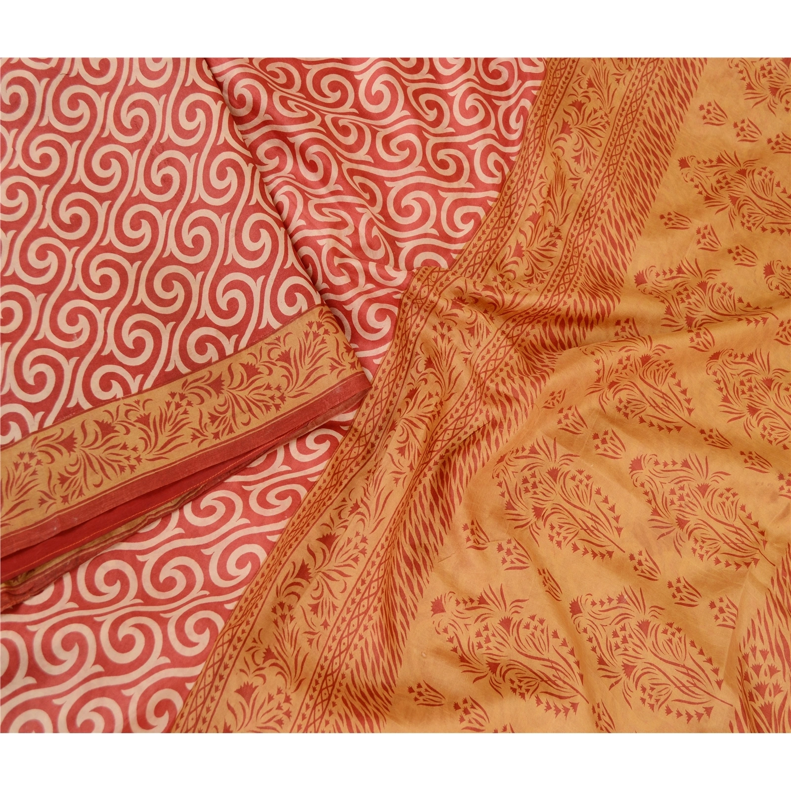 Sanskriti Vintage Sarees Red 100% Pure Silk Printed Sari Soft 5Yd Craft Fabric, PR-61950-Red-Pure Silk-2