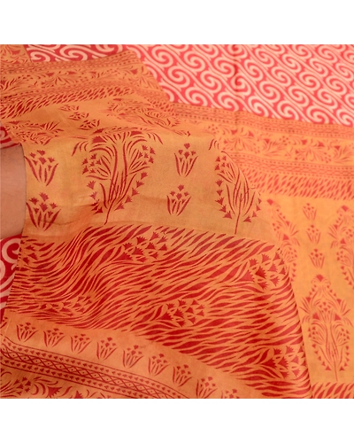 Sanskriti Vintage Sarees Red 100% Pure Silk Printed Sari Soft 5Yd Craft Fabric, PR-61950-Red-Pure Silk-5