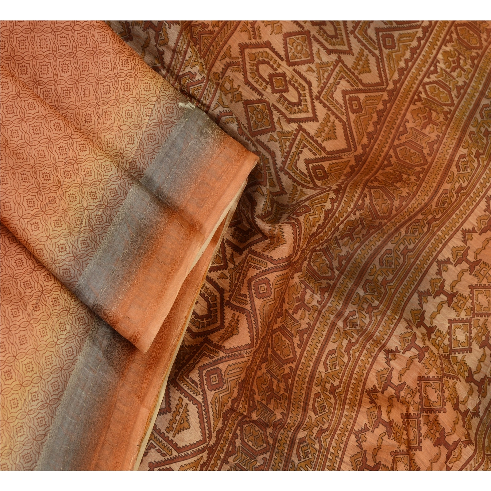 Sanskriti Vintage Sarees Orange Indian Pure Silk Printed Sari 5Yd Craft Fabric, PR-61953-Orange-Pure Silk-1