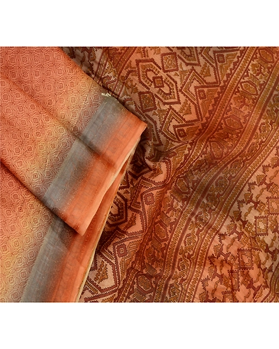 Sanskriti Vintage Sarees Orange Indian Pure Silk Printed Sari 5Yd Craft Fabric, PR-61953-Orange-Pure Silk-1