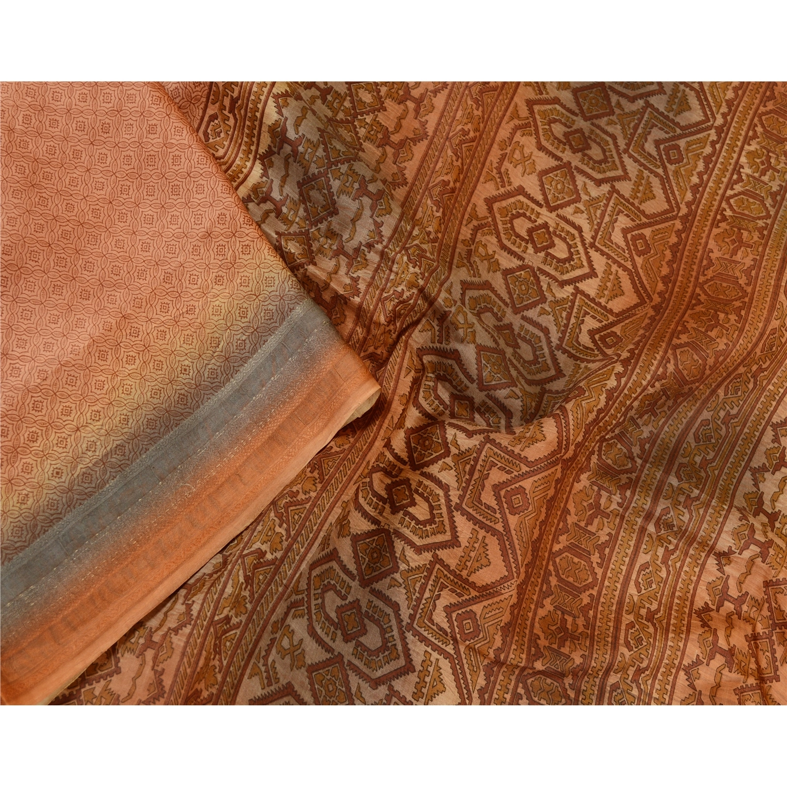 Sanskriti Vintage Sarees Orange Indian Pure Silk Printed Sari 5Yd Craft Fabric, PR-61953-Orange-Pure Silk-2