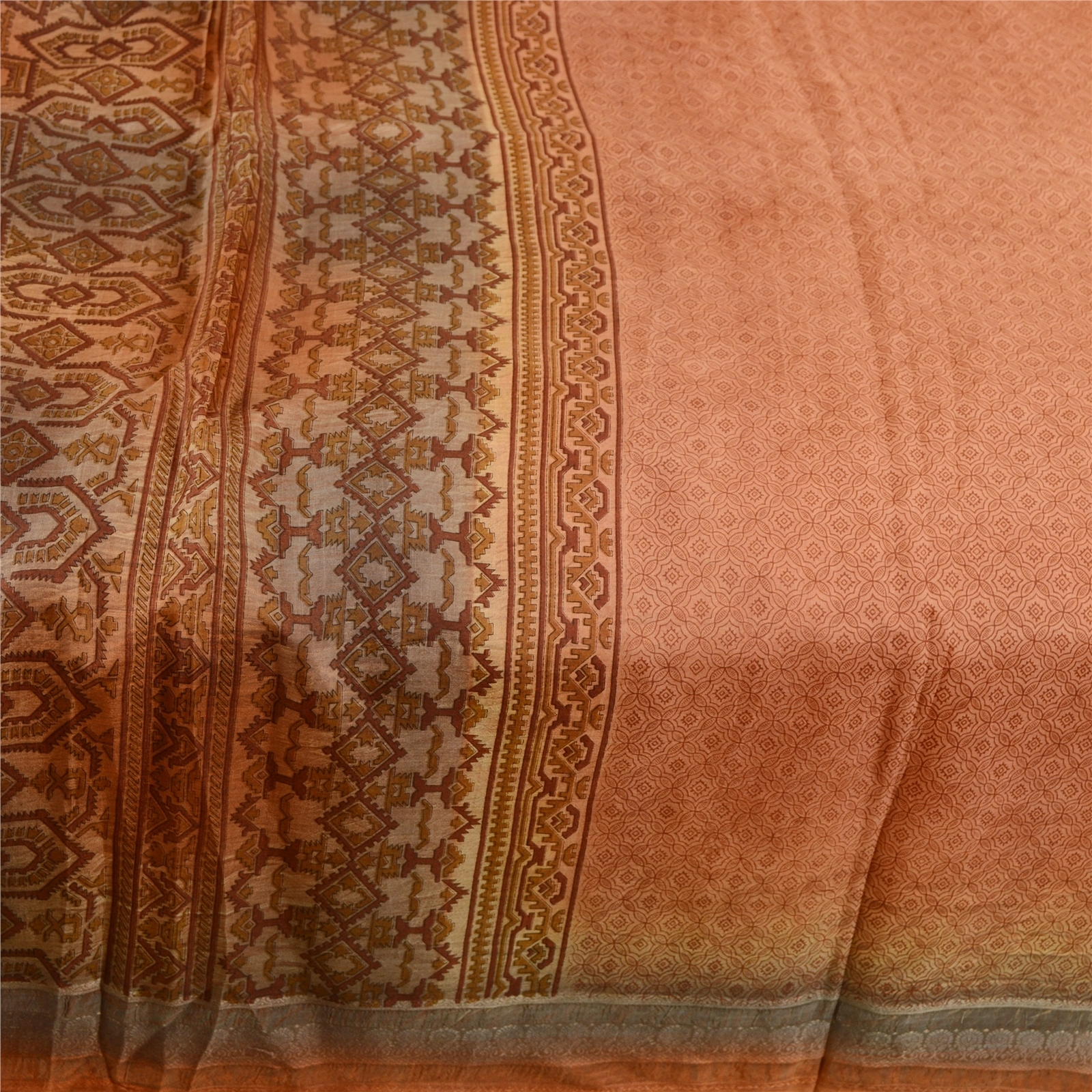 Sanskriti Vintage Sarees Orange Indian Pure Silk Printed Sari 5Yd Craft Fabric, PR-61953-Orange-Pure Silk-3