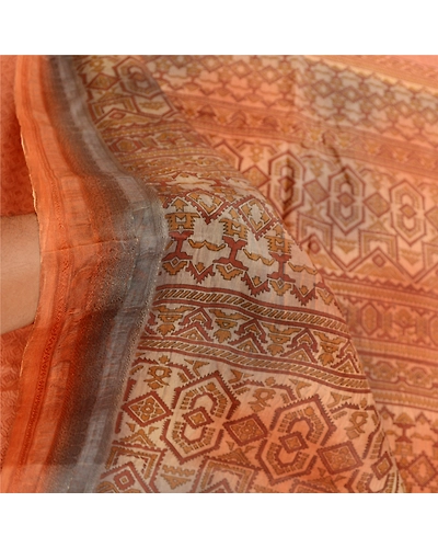 Sanskriti Vintage Sarees Orange Indian Pure Silk Printed Sari 5Yd Craft Fabric, PR-61953-Orange-Pure Silk-5