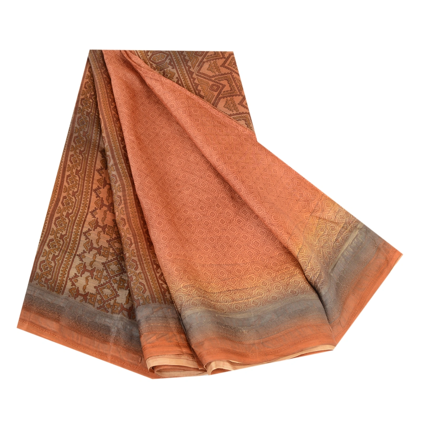 Sanskriti Vintage Sarees Orange Indian Pure Silk Printed Sari 5Yd Craft Fabric, PR-61953-Orange-Pure Silk-6