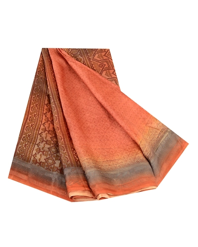 Sanskriti Vintage Sarees Orange Indian Pure Silk Printed Sari 5Yd Craft Fabric, PR-61953-Orange-Pure Silk-6