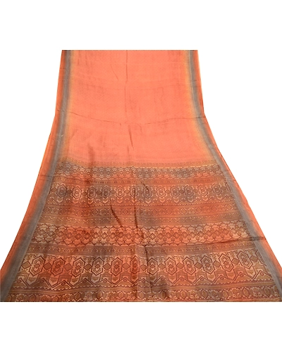 Sanskriti Vintage Sarees Orange Indian Pure Silk Printed Sari 5Yd Craft Fabric, PR-61953-Orange-Pure Silk-7