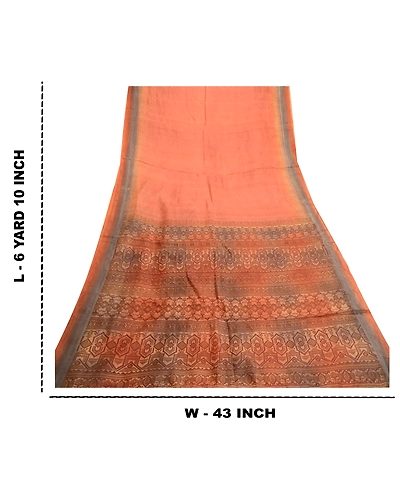 Sanskriti Vintage Sarees Orange Indian Pure Silk Printed Sari 5Yd Craft Fabric, PR-61953-Orange-Pure Silk-8