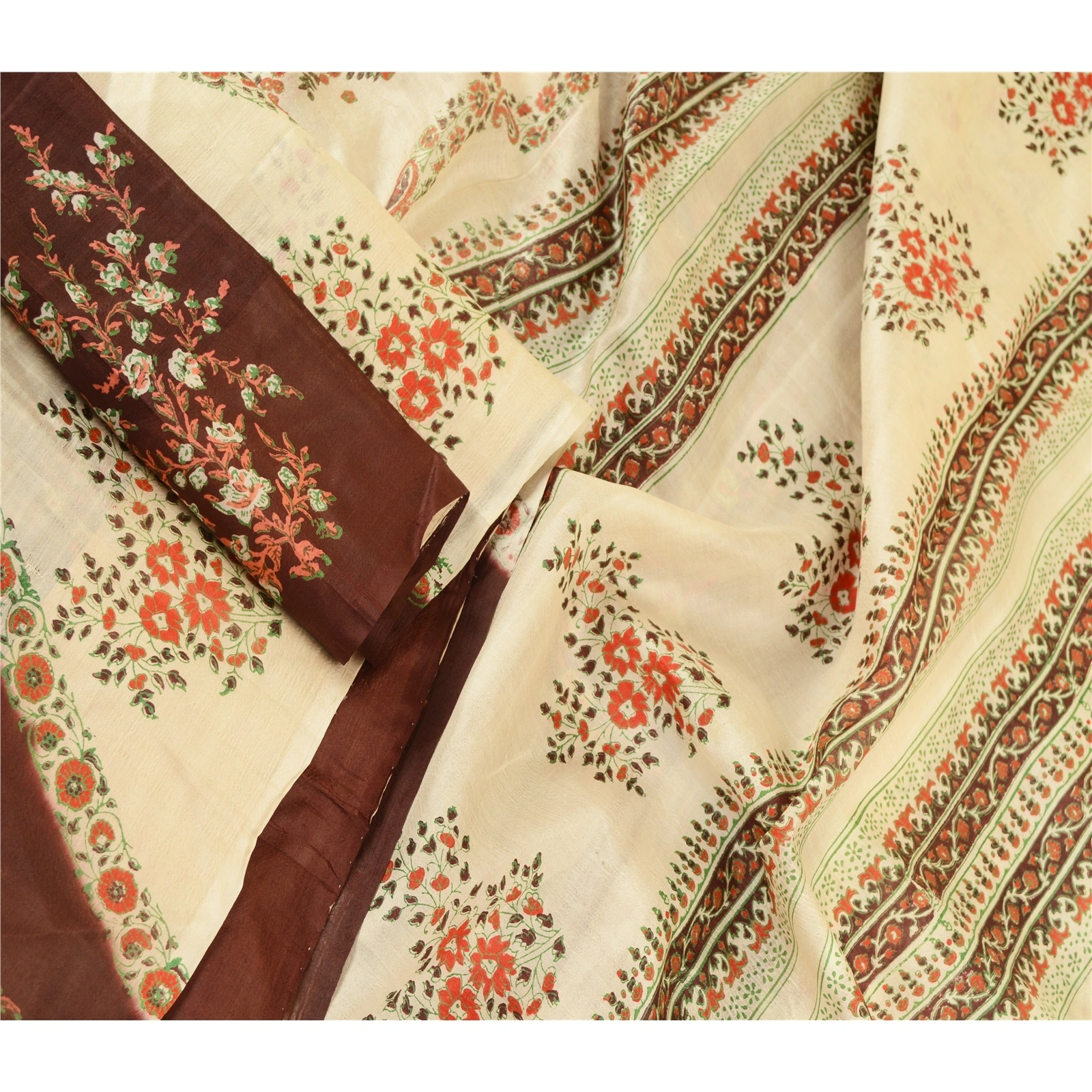 Sanskriti Vintage Sarees Ivory Printed Pure Silk Sari Floral 5Yd Craft Fabric, PR-61977-Ivory-Pure Silk-2