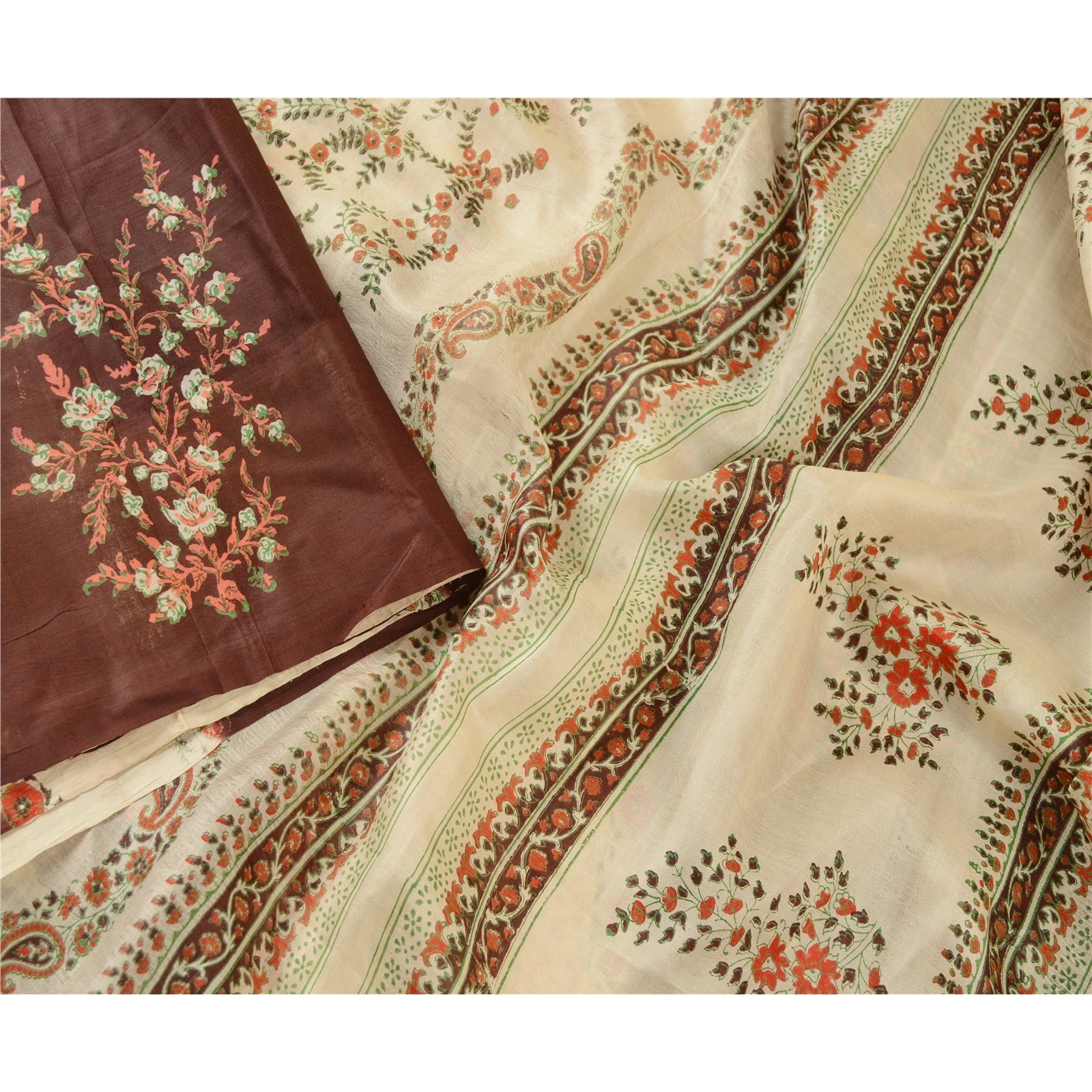 Sanskriti Vintage Sarees Ivory Printed Pure Silk Sari Floral 5Yd Craft Fabric, PR-61977-Ivory-Pure Silk-3