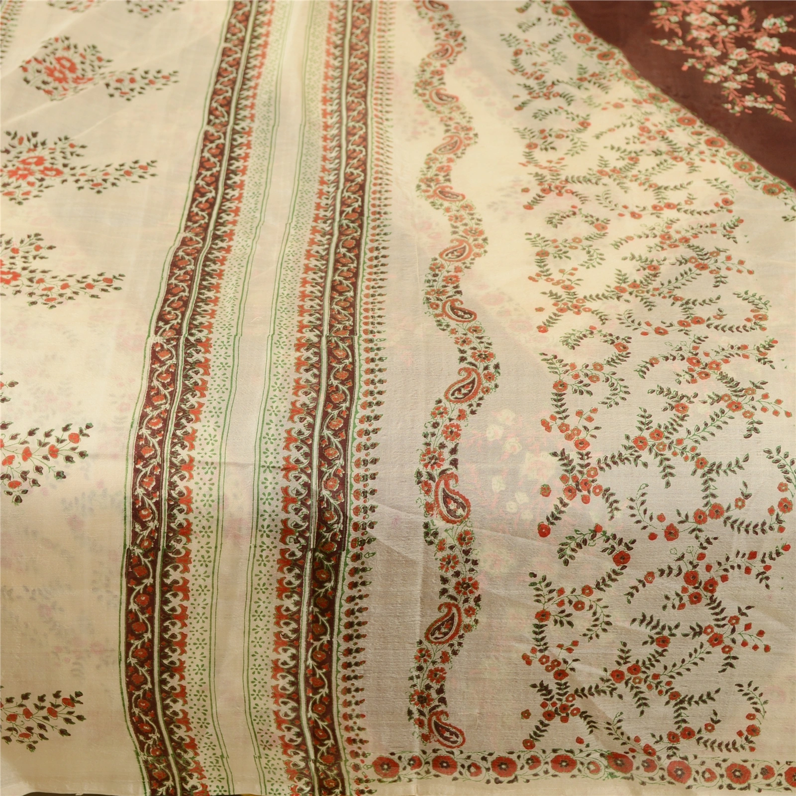 Sanskriti Vintage Sarees Ivory Printed Pure Silk Sari Floral 5Yd Craft Fabric, PR-61977-Ivory-Pure Silk-4