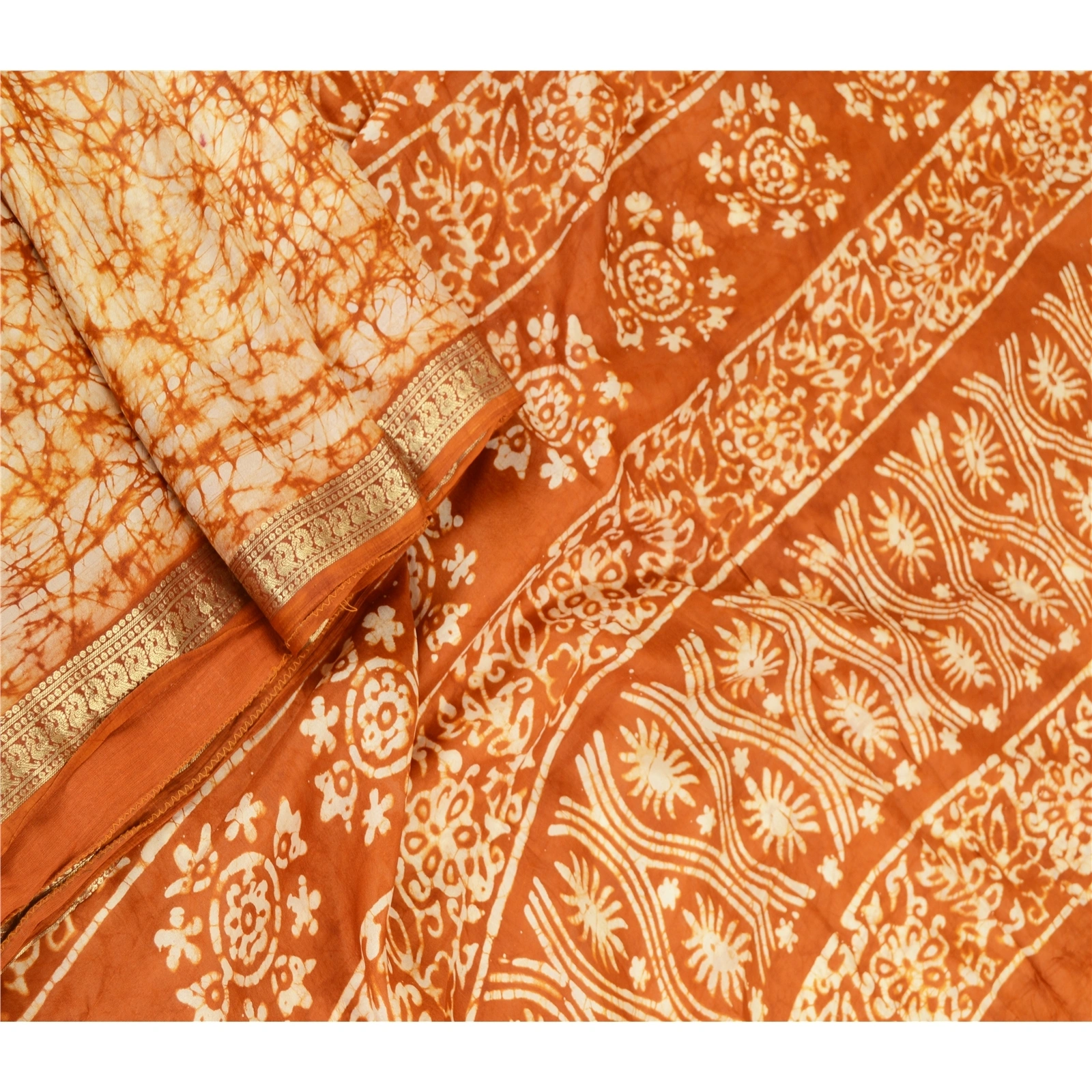 Sanskriti Vintage Sarees Brown Batik Printed Zari Border Pure Silk Sari Fabric, PR-61981-Brown-Pure Silk-1