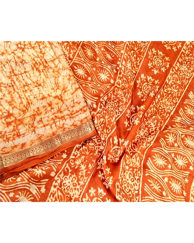 Sanskriti Vintage Sarees Brown Batik Printed Zari Border Pure Silk Sari Fabric, PR-61981-Brown-Pure Silk-2