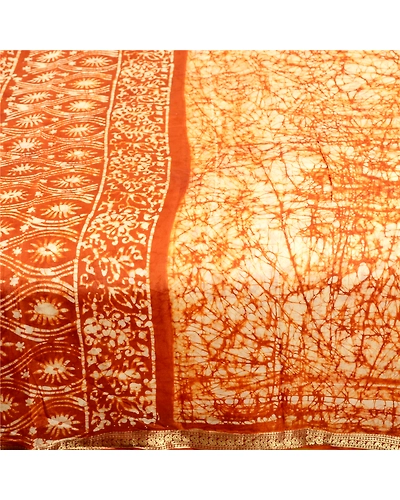 Sanskriti Vintage Sarees Brown Batik Printed Zari Border Pure Silk Sari Fabric, PR-61981-Brown-Pure Silk-3