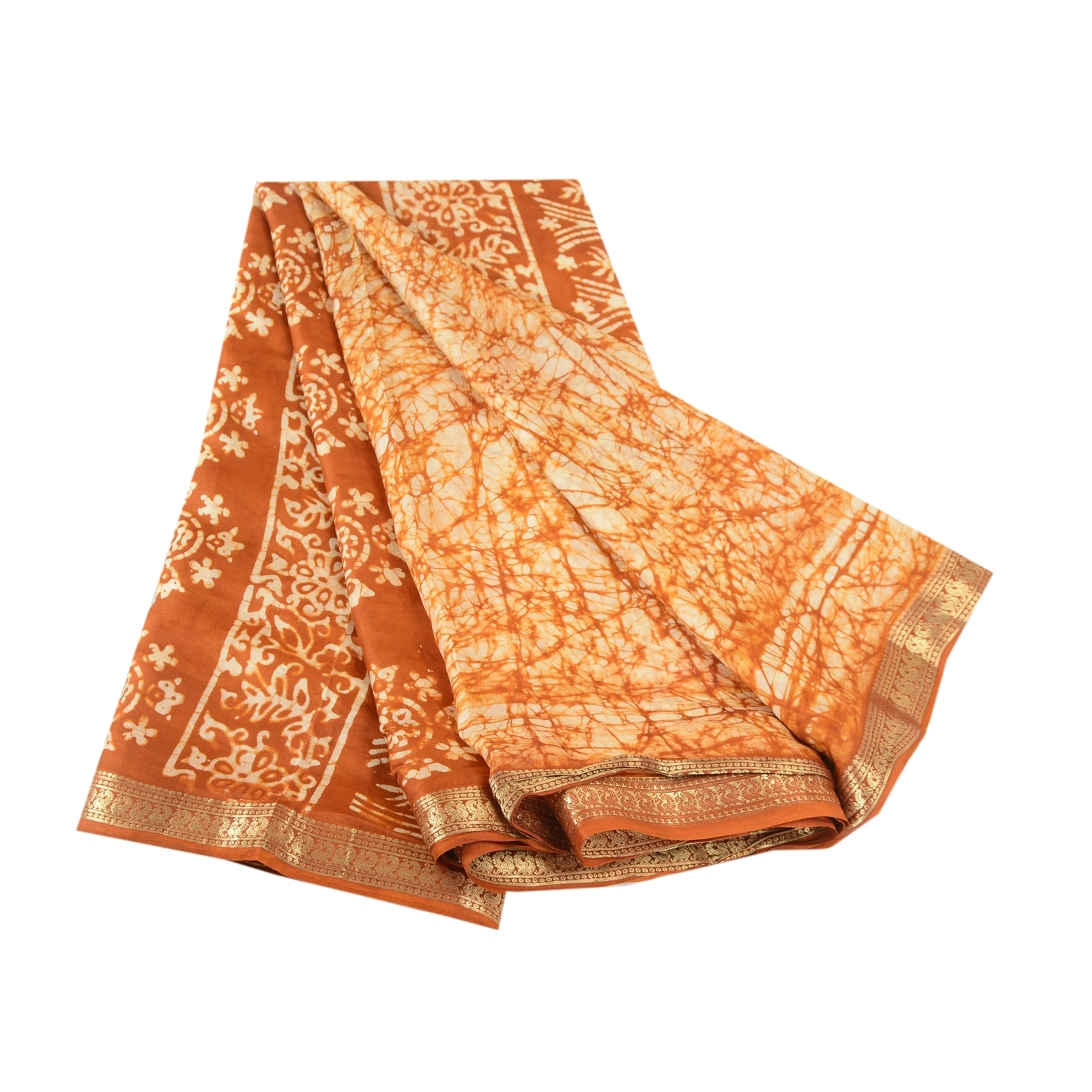 Sanskriti Vintage Sarees Brown Batik Printed Zari Border Pure Silk Sari Fabric, PR-61981-Brown-Pure Silk-6