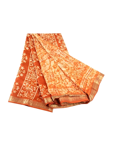 Sanskriti Vintage Sarees Brown Batik Printed Zari Border Pure Silk Sari Fabric, PR-61981-Brown-Pure Silk-6
