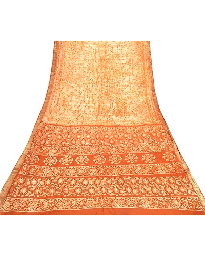 Sanskriti Vintage Sarees Brown Batik Printed Zari Border Pure Silk Sari Fabric, PR-61981-Brown-Pure Silk-7