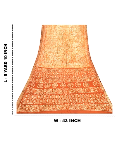 Sanskriti Vintage Sarees Brown Batik Printed Zari Border Pure Silk Sari Fabric, PR-61981-Brown-Pure Silk-8