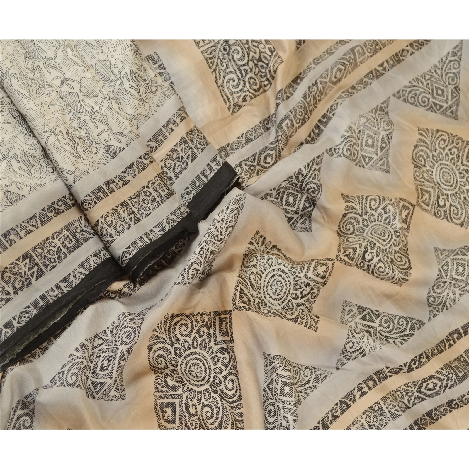 Sanskriti Vintage Sarees From India Ivory Pure Silk Printed Sari Craft Fabric, PR-61983-Ivory-Pure Silk-2