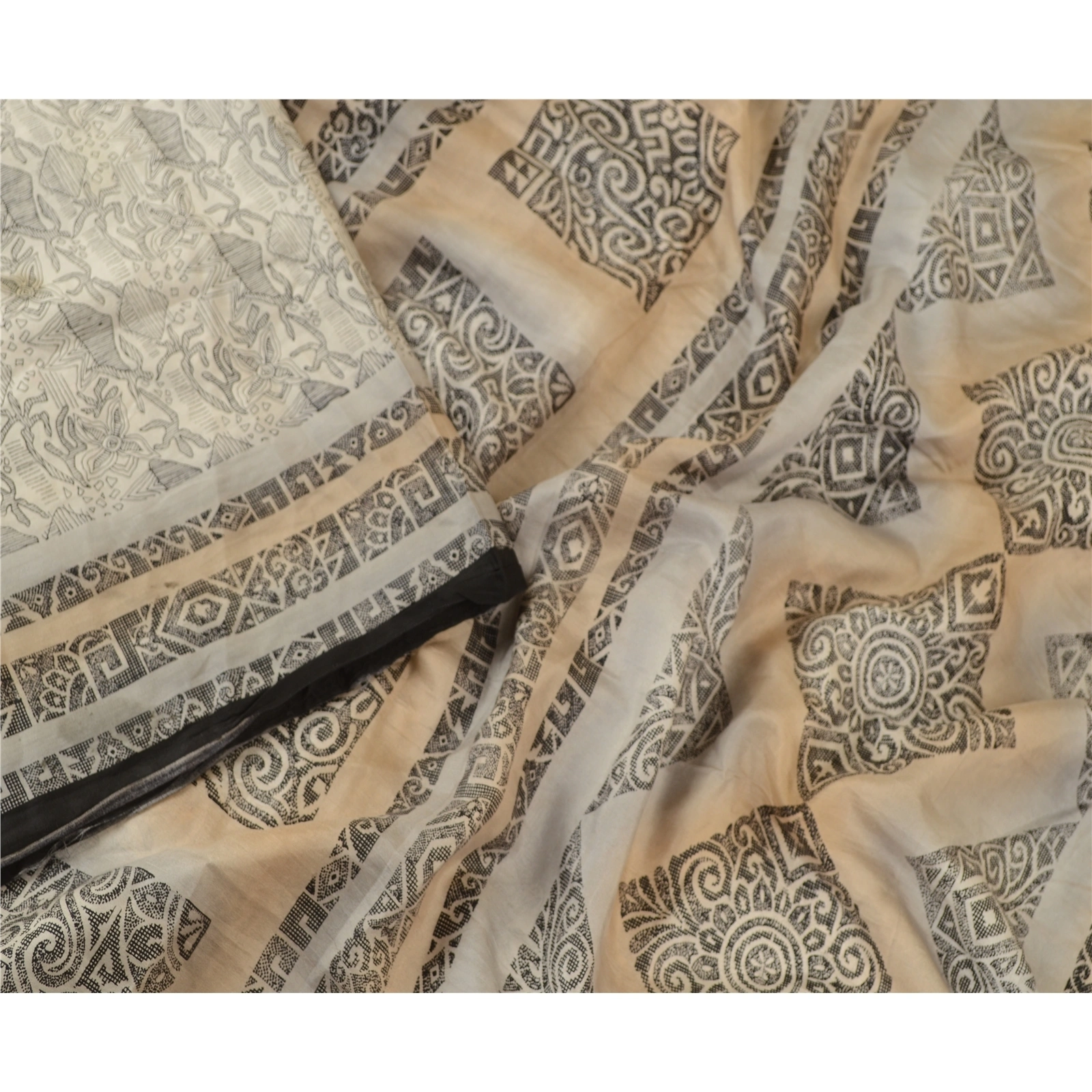 Sanskriti Vintage Sarees From India Ivory Pure Silk Printed Sari Craft Fabric, PR-61983-Ivory-Pure Silk-3