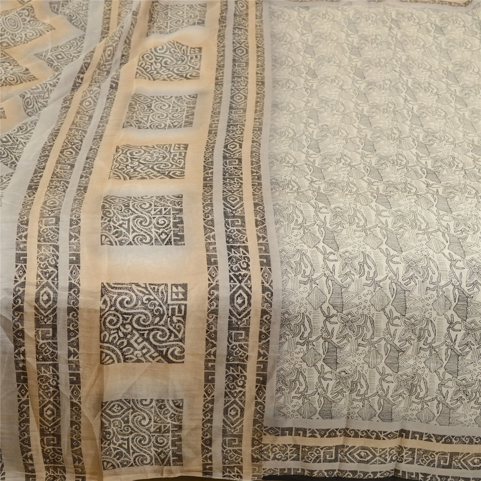 Sanskriti Vintage Sarees From India Ivory Pure Silk Printed Sari Craft Fabric, PR-61983-Ivory-Pure Silk-4