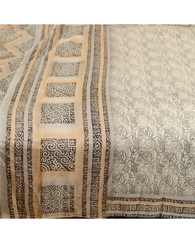Sanskriti Vintage Sarees From India Ivory Pure Silk Printed Sari Craft Fabric, PR-61983-Ivory-Pure Silk-4
