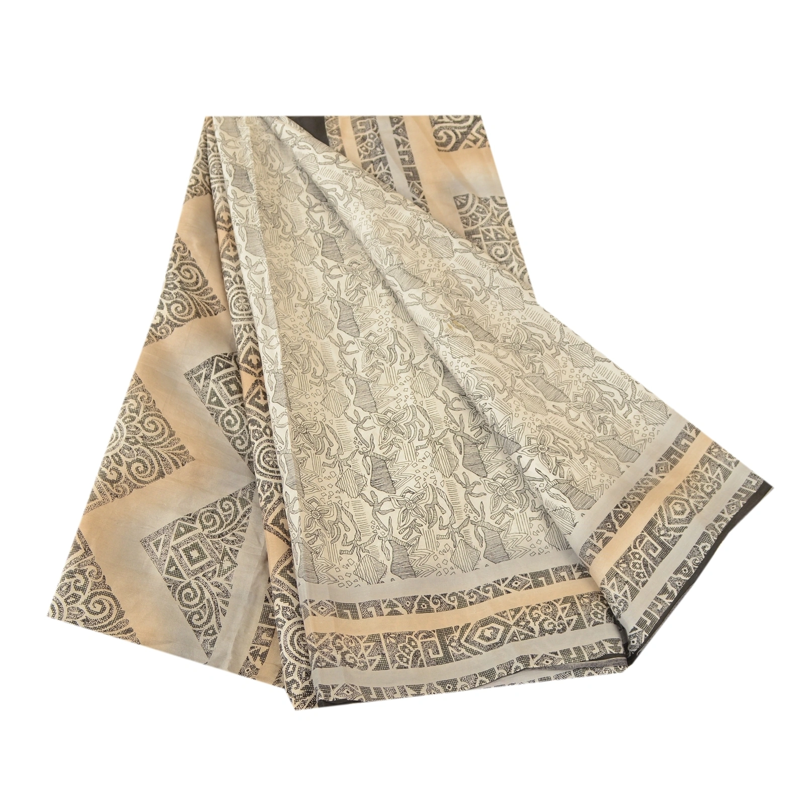 Sanskriti Vintage Sarees From India Ivory Pure Silk Printed Sari Craft Fabric, PR-61983-Ivory-Pure Silk-7