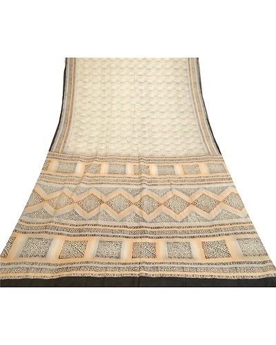 Sanskriti Vintage Sarees From India Ivory Pure Silk Printed Sari Craft Fabric, PR-61983-Ivory-Pure Silk-8